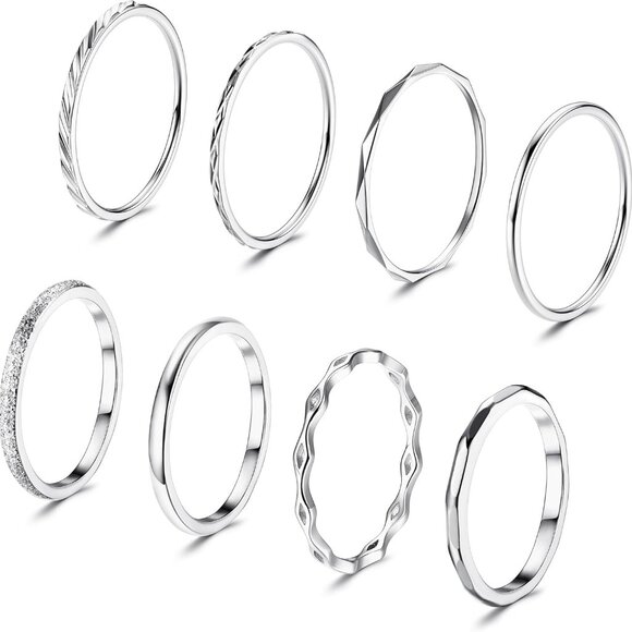 8Pcs 1MM 2MM Stainless Steel Rings for Women Men Minimalist Fashion Dainty Plain - Picture 1 of 6